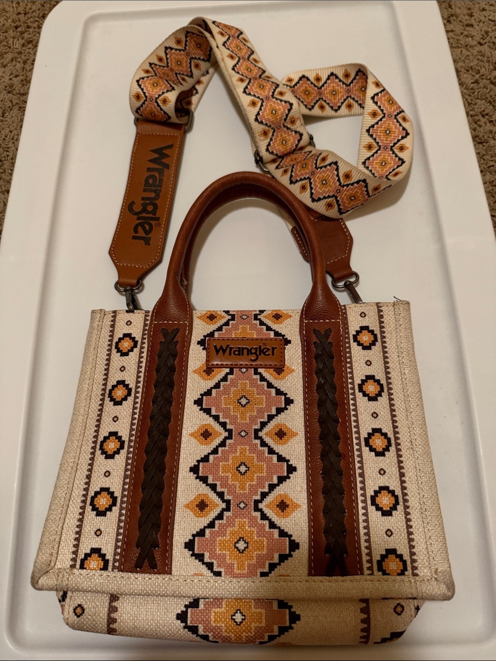 Wrangler Cream, Tan & Brown Southwestern Pattern Tote with Detachable Strap